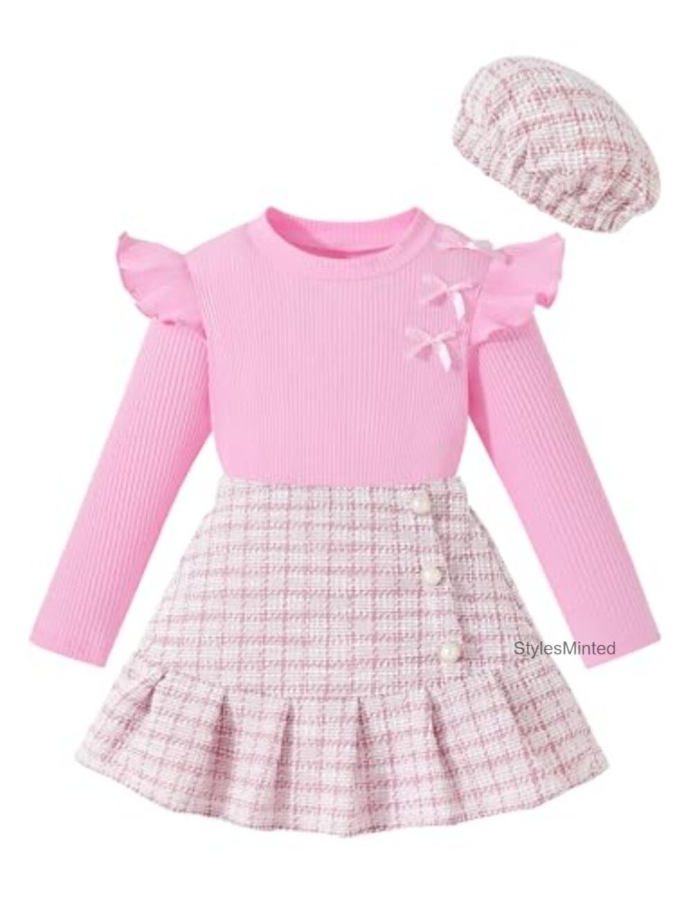 Toddler Girls Ruffled Top Plaid Tweed Skirt Beret Set Fall Winter